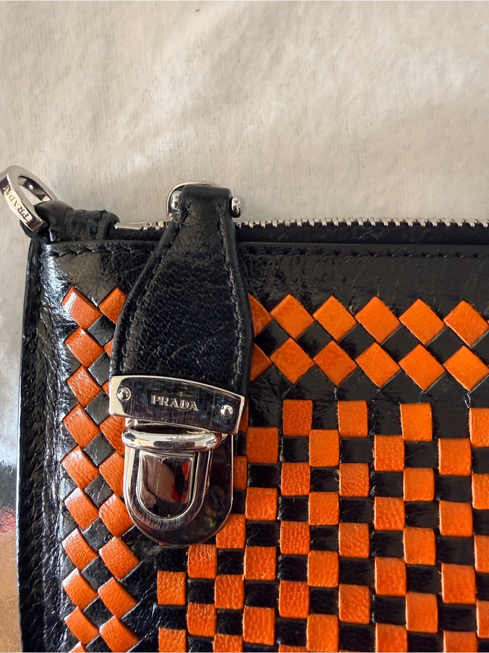Prada Orange & Black Woven Madras Leather Clutch Bag with Shoulder Strap - Picture 6 of 6